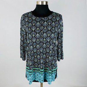J Jill Womens Petite Medium M Rayon Tencel Blend Boho Tribal Print Popover Top